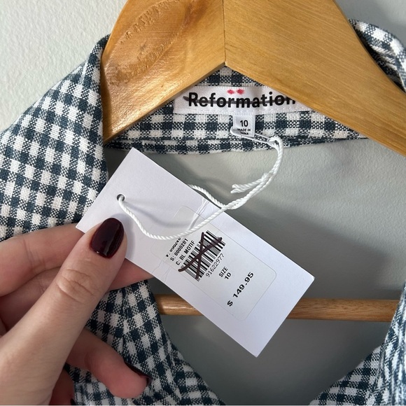 Reformation Tace Linen Dress in Slate Check Navy Open Back Midi Button Size 10 - Picture 6 of 8